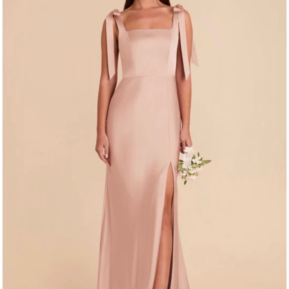 NWT Birdy Grey Alex Matte Rose Gold Dress Gown Square Neck Slit Bridesmaid M